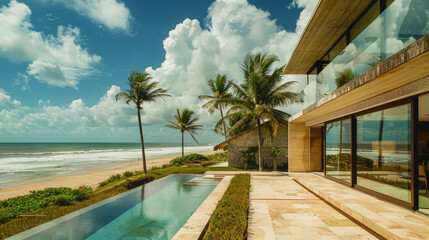 Luxury beach villa with sea view. Terrace in modern design. Vacation home for big family. Generative AI