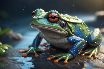 a large green and blue frog in raindrops is sitting on the ground