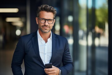 Smiling happy confident male company ceo executive wearing suit holding cellphone standing in office using business mobile apps technology financial online solutions on cell phone.
