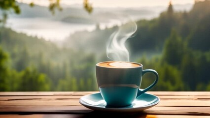 Steaming cup of coffee on outdoor table animation