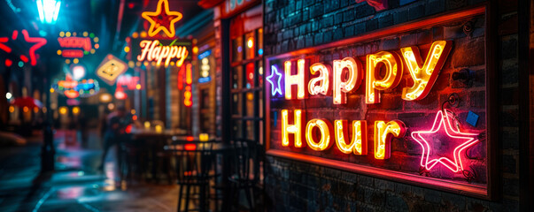 Vibrant neon sign with the words Happy Hour and colorful symbols, lighting up a brick wall, inviting to discounted leisure time at a bar or pub - obrazy, fototapety, plakaty