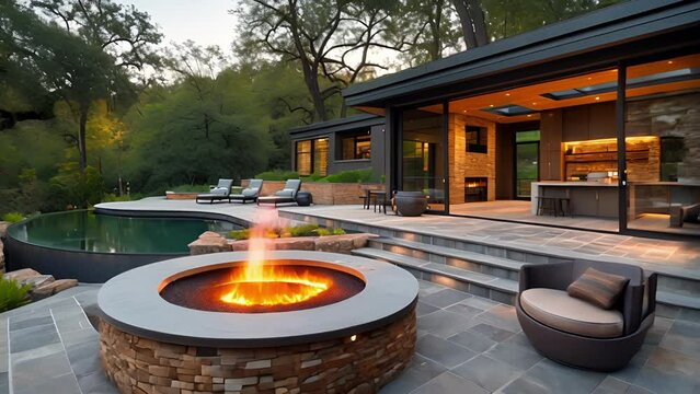 A panoramic view of a backyard with an expansive fire pit complete with builtin seating and a builtin grill for outdoor cooking. The surrounding landscape is illuminated by