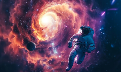 Astronaut drifting in cosmic space near a swirling galaxy and a vibrant nebula with a surrealistic wormhole backdrop - obrazy, fototapety, plakaty