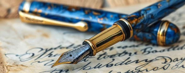 Fotobehang Vintage fountain pen on aged paper inscribed with elegant cursive handwriting celebrating World Poetry Day, symbolizing literary art and history © Bartek