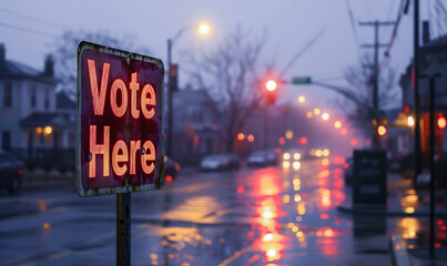 Weathered Vote Here sign indicating a local polling station on a city street at twilight, symbolizing civic duty and the democratic process in action