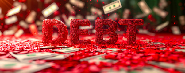 Conceptual 3D illustration of the word DEBT in bold, white letters against a red backdrop with falling dollar bills, symbolizing financial obligations and debt management - obrazy, fototapety, plakaty