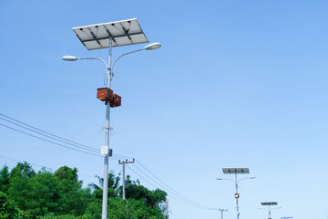 LED street lights that use solar power or solar cells. energy saving concept