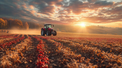 A farmer driving a tractor in a field, Tractor spraying pesticides on field with sprayer - obrazy, fototapety, plakaty