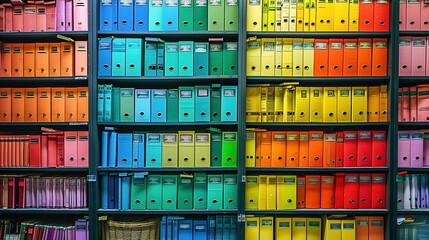 Neatly Organized Colorful Binders on Shelves - obrazy, fototapety, plakaty