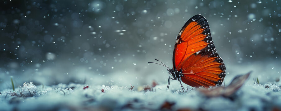 A surreal image of a Bloody Butterfly fluttering in a snowstorm its vibrant red wings a stark contrast against the white cold background