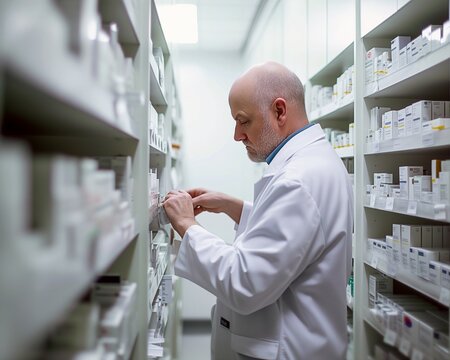 Focused Male Pharmacist Checking Medication on Pharmacy Shelf
