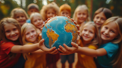 group of children holding and forming circle around a globe