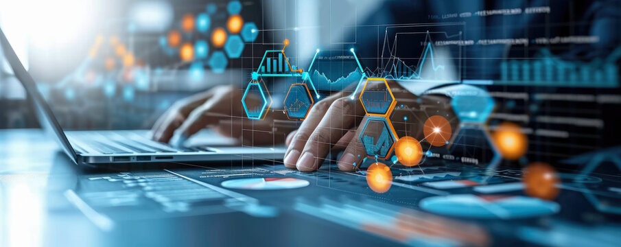 Customer service, Businessman and economic growth on global network, Data analysis of financial and banking