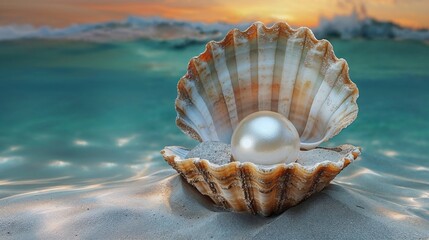 Pearl in an open shell , underwater, closeup view - obrazy, fototapety, plakaty