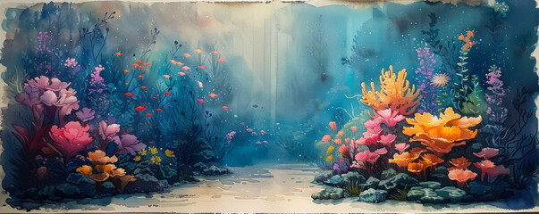Never before seen A watercolor depiction of an underwater garden at dusk illuminated by bioluminescent flora