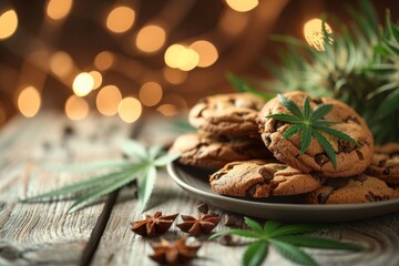 Obraz na płótnie Canvas Cannabis hemp cookie brownie on the plate on the table