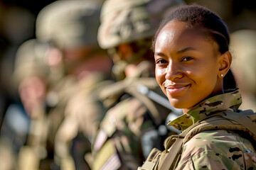 A happy female soldier looks at the camera with a smile
