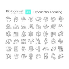 Fototapeta na wymiar Experiential education types linear icons set. Students achievements. Active experimentation. Customizable thin line symbols. Isolated vector outline illustrations. Editable stroke