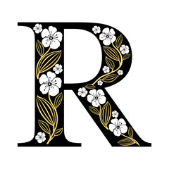 Alphabet R flower font made of paint floral. Luxury design. Sweet collection for wedding invites decoration card and other concept ideas. For logo, cards, branding, etc.  Vector illustration