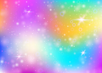 Hologram background with rainbow mesh. Girlish universe banner in princess colors. Fantasy gradient backdrop. Hologram magic background with fairy sparkles, stars and blurs. © Holo Art