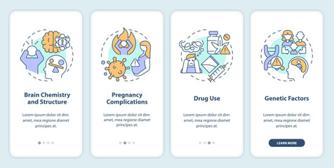 Schizophrenia causes onboarding mobile app screen. Risk factors. Walkthrough 4 steps editable graphic instructions with linear concepts. UI, UX, GUI template. Myriad Pro-Bold, Regular fonts used
