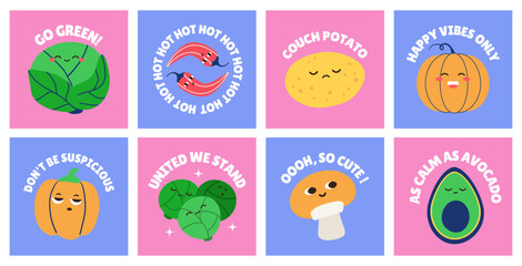  Healthy food funky posters kawaii character . Vegetables with comical lettering vector set. - obrazy, fototapety, plakaty
