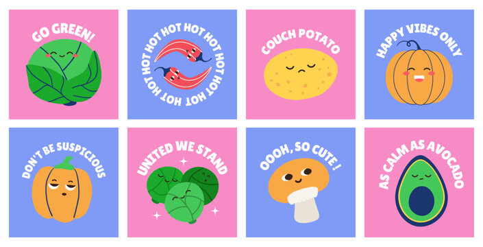  Healthy food funky posters kawaii character . Vegetables with comical lettering vector set.