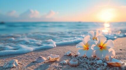 Beach, sunshine, sand with seashells and flowers lying on it and the clear blue sky It is evocative of vitality and promises to create unforgettable memories under natural light. - obrazy, fototapety, plakaty