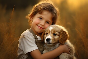 happy child hugging a dog outdoors in nature