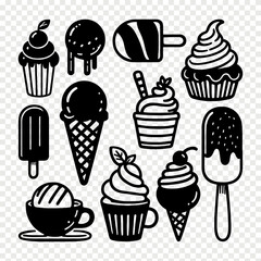 Icecream sweet ice summer food vector doodle set. Icecream frozen dessert chocolate waffle yogurt doodle set