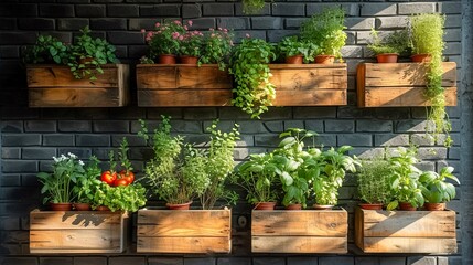 Variety of fresh herbs in wooden boxes on brick wall background. Generative AI.