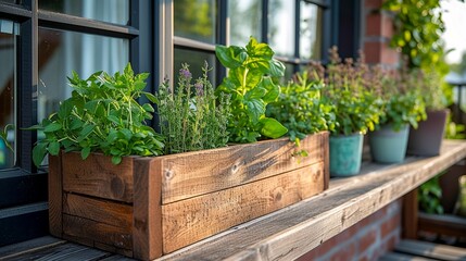 Fresh herbs in a wooden box on the terrace of a country house. Generative AI.
