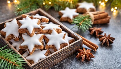 Fototapeta na wymiar cinnamon stars zimtsterne traditional german christmas cookies in a box gingerbread with anise spice for holidays