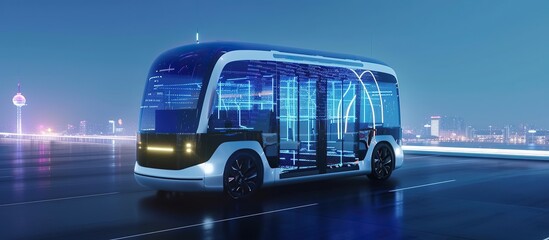 Autonomous electric bus are operating pick-up and drop-off on city roads.