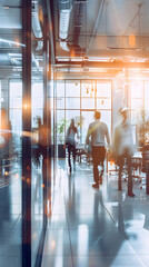 Bright workplace with people walking in motion, in a modern office space.