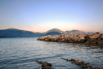 View of the Cilento coast from the breakwater. Italy.