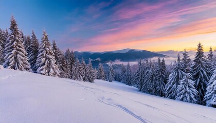 spruce forest on the snow covered hill in evening light mountainous countryside scenery in winter at sunset frosty weather with hoarfrost on the trees and purple clouds on the sky