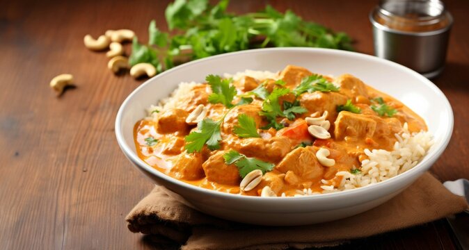 Plato de comida, pollo al curry, arroz basmati comida india