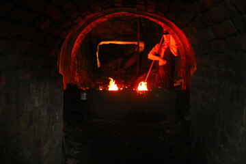 Exhibit of a miner in a kiln at the ancient Katoomba Coal Mine in the Jamison Valley in the Blue...