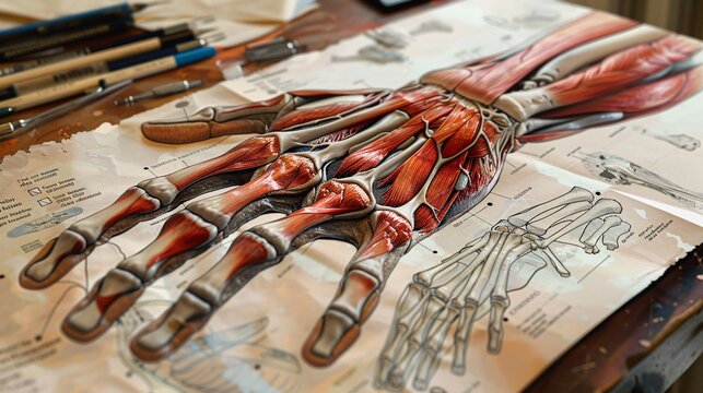 A detailed and educational illustration depicting the muscular and skeletal anatomy of the human hand
