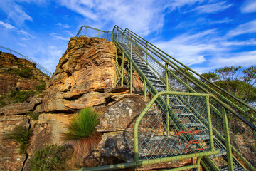 Metallic stairway at the end of the Pulpit Rock Lookout trail in the Blue Mountains National Park...