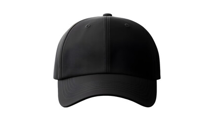 black baseball cap mockup front view, isolated cutout object with shadow on transparent background. Png file