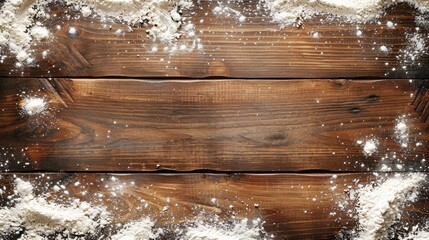 Wooden rustic surface, kitchen board with white wheat flour, place for preparing and rolling out dough. Banner with space for text