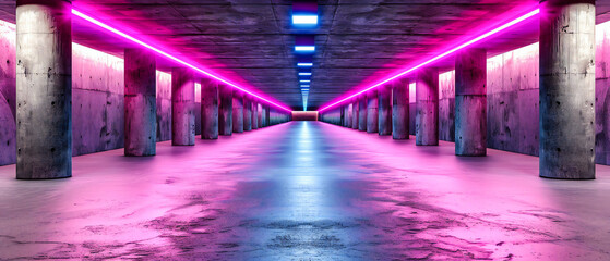 Naklejka na ściany i meble Modern tunnel illuminated by neon lights, creating a captivating path through futuristic architecture and design
