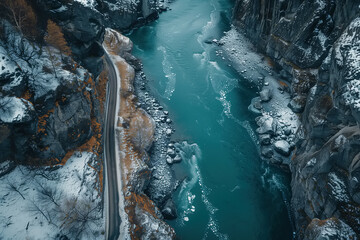This aerial view captures a river meandering through a deep canyon, showcasing the natural beauty of the landscape as the water flows effortlessly through the rocky terrain