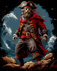 Fototapeta premium applique for a T-shirt. abstract picture of a powerful pirate, a sailing ship, a storm in the ocean. bright design. Black background.