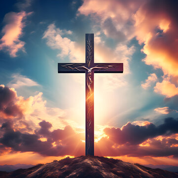 This evocative image portrays the cross of Jesus Christ silhouetted against a breathtaking sunset sky, its vibrant hues painting a canvas of hope, redemption, and divine grace. As the central symbol o