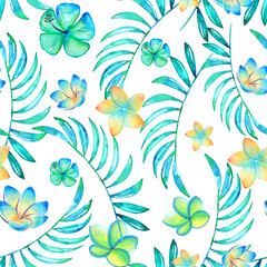 Fototapeta na wymiar Tropical seamless pattern with watercolor exotic flowers and leaves. Hand painted summertime jungle plants for print, packaging, greeting cards.