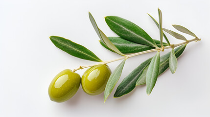 Single green olive with leaves on white background, generative ai
