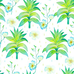 Tropical seamless pattern with watercolor exotic flowers and leaves. Hand painted summertime jungle plants for print, packaging, greeting cards.